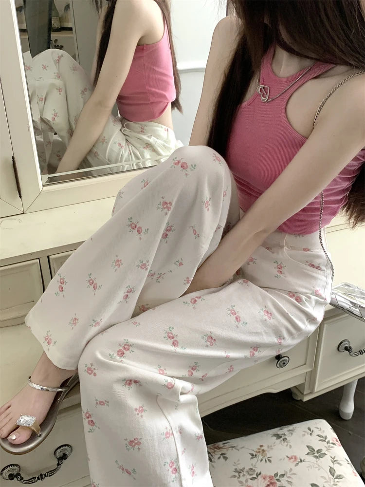 White Floral Jeans for Women Simple High Waist Y2k Cute Youth Spring Autumn Popular Holiday Loose Basic Chic Aesthetic Mopping