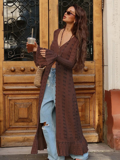 Hollow Breasted Sweater Long Dress Women Summer Party Dresses Cover Up Elegant Slim Split Maxi Vestidos Holiday Beach Robe
