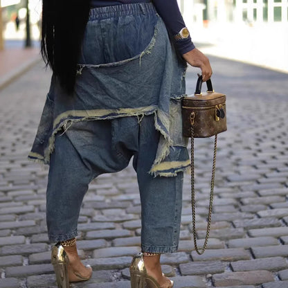 Jeans Women Harem Pants Hole Elastic Waist Tassels Washed Distressed Pockets Streetwear 2025 Ripped Ankle Length Trousers