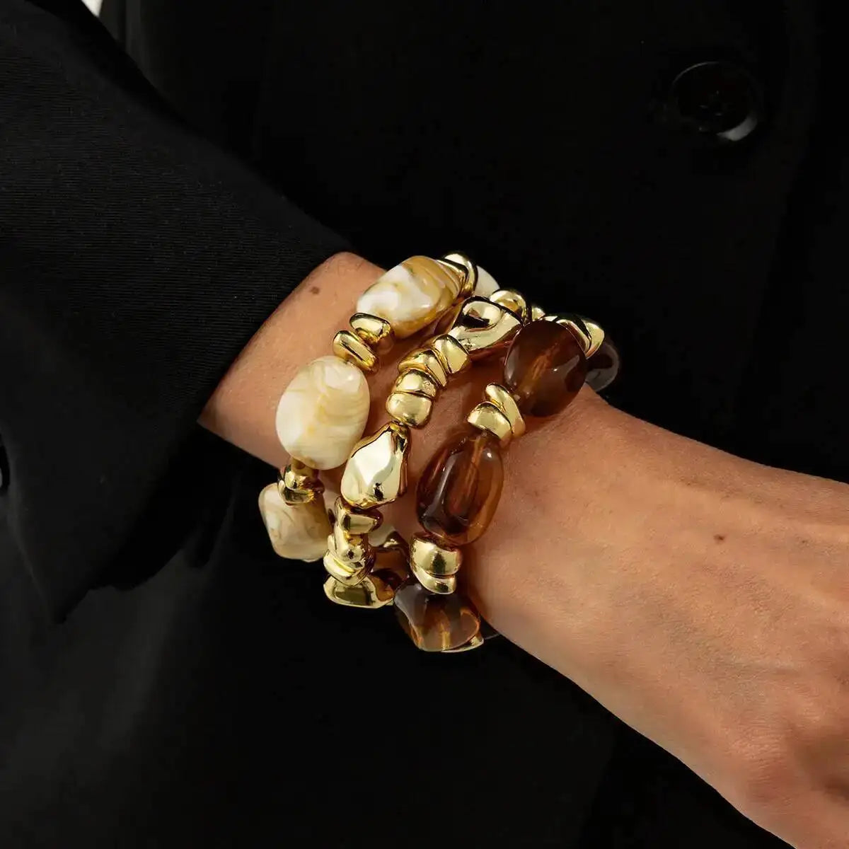 SHIXIN 3Pcs/Set Vintage Resin Acrylic Beaded Bracelets for Women Trendy Irregular Stackable Elastic Bangle Party Jewelry Gift