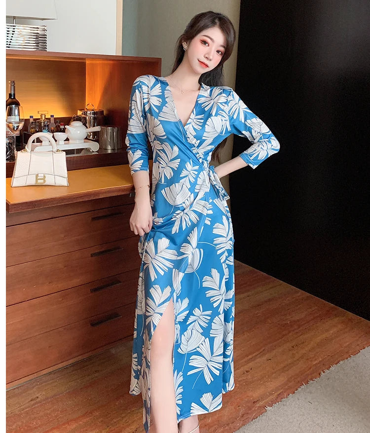 ZAROY Women Wrap Long Dress Summer Sexy V Neck Side Split Party Club Dress Chic Streetwear Elegant Evening Slim Beach Vestidos