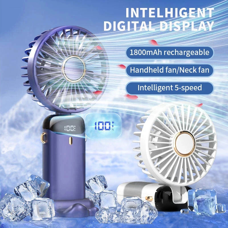 New Portable Handheld Fan with Digital Display, 5-Speed USB Rechargeable Mini Fan, Ultra Quiet Personal Fan with Lanyard & Bas