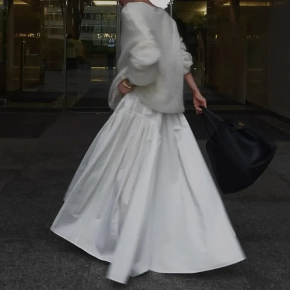Kuzuwata Loose Autumn Winter Casual Solid Skirt A-line Mid-length Patchwork Big Swing Faldas Japan Moda Ruched All-match Skirts