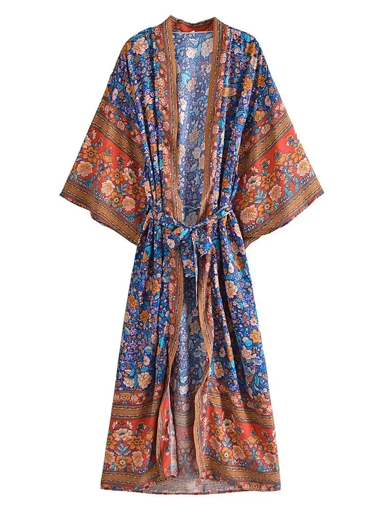 Vintage Chic Women Multi Floral Print Sashes Beach Bohemian Kimono Ladies V Neck Batwing Sleeves Maxi Robe Boho Bikini Cover-ups