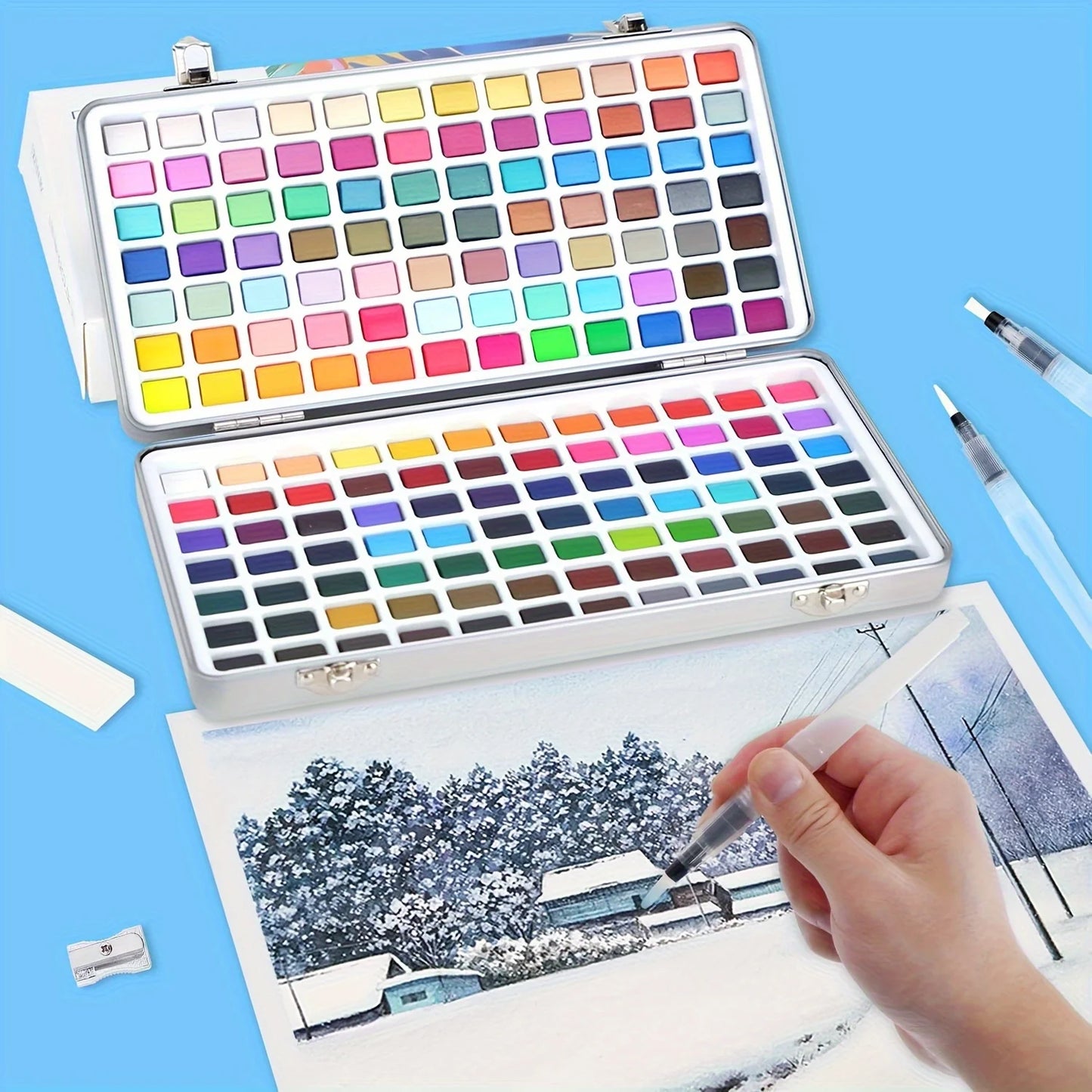 The 50/72/90/100/128/168 watercolor paint set includes a palette, brushes, drawing pens, professional painting supplies