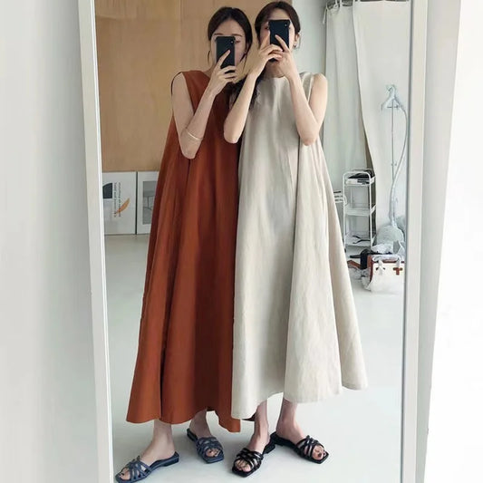 2022 Minimalist Chic Loose Swing Sleeveless Mid-length Casual Cotton Linen Long Dress  Round Neck High Waist Women Runway Dress