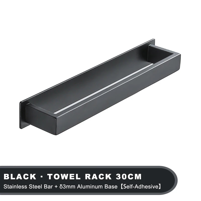 Black Stainless Steel Towel Holder No Drill Wall Shower Towel Shelf Kitchen Towel Hanger Rail Bathroom Towel Rack Self Adhesive