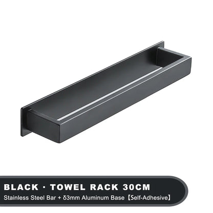 Black Stainless Steel Towel Holder No Drill Wall Shower Towel Shelf Kitchen Towel Hanger Rail Bathroom Towel Rack Self Adhesive