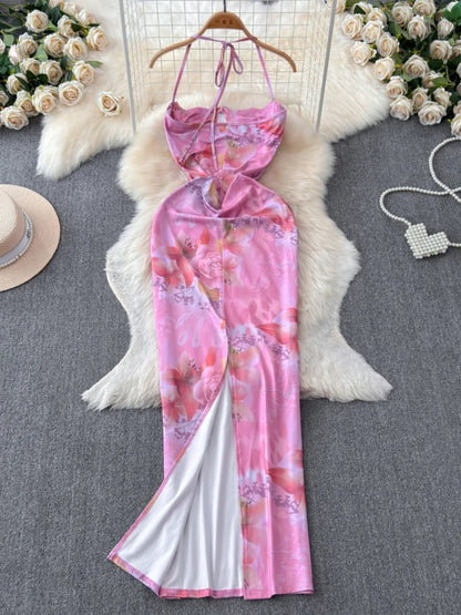 Foamlina Sexy Floral Print Halter Maxi Dress Women Elegant Sleeveless Fishbone Skinny Fit Bodycon Back Split Evening Party Dress