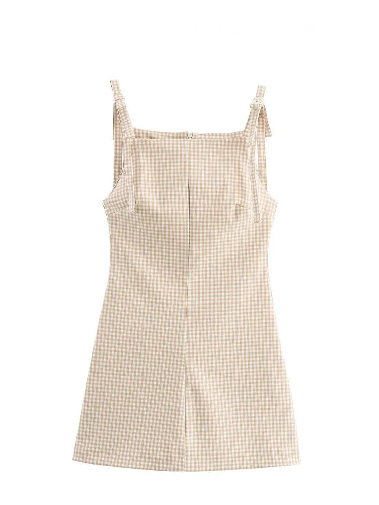 HH Woman Bow Strap Decoration Square Collar Sleeveless Back Zipper Sling Dresses Summer 2025 Female High Street Mini Dress