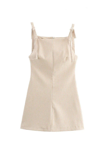 HH Woman Bow Strap Decoration Square Collar Sleeveless Back Zipper Sling Dresses Summer 2025 Female High Street Mini Dress