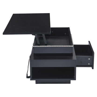 KOMHTOM Black height adjustable coffee table high gloss coffee table with hidden storage, drawer and LED lighting