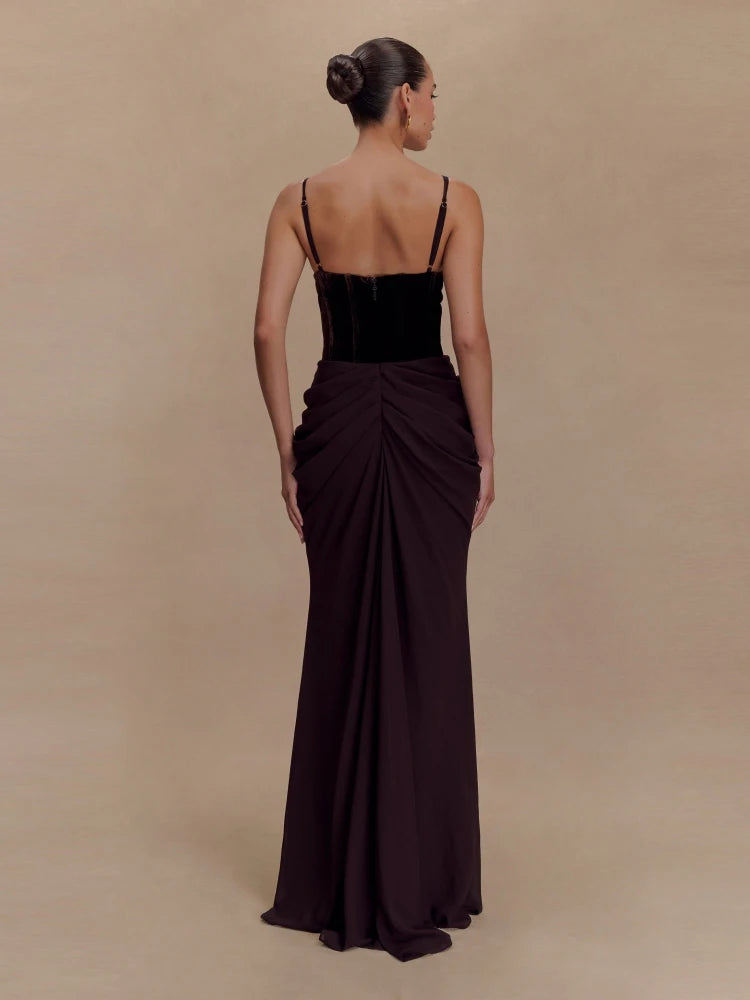 New Sexy Mesh Straps Velvet Corset Patchwork Long Dress Women Sleeveless Backless Folds Slim Dresses Elegant Evening Party Gowns