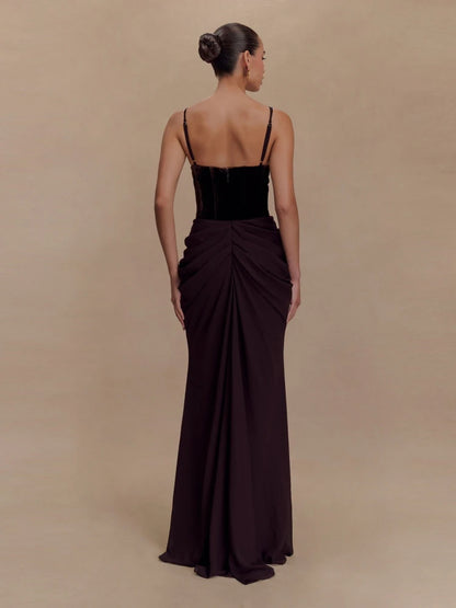 New Sexy Mesh Straps Velvet Corset Patchwork Long Dress Women Sleeveless Backless Folds Slim Dresses Elegant Evening Party Gowns