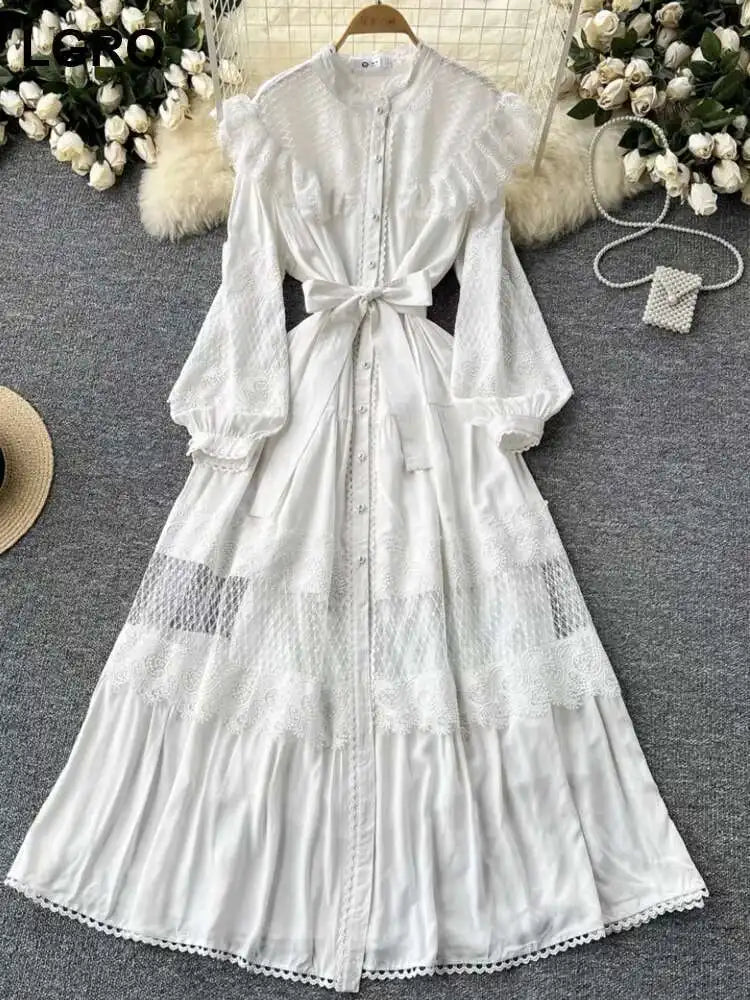 LGRQ For Women's Lace-up Single Breasted Lace Dress Fashion Hollow Out Bead Button Round Neck Dresses 2025 Autumn New Clothing