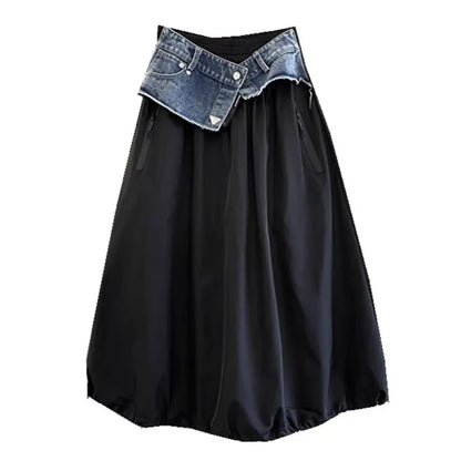 2024 New Arrival Spring/summer Korean Style Women Loose Casual Cotton Denim Patchwork A-line Mid-calf Elastic Waist Skirt P03