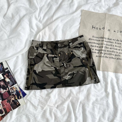 Y2K Fashion Mini Skirt Womens Harajuku Retro Camouflage Graphic Print Army Green Short Skirt Goth Multi Pockets Low Waist Shorts