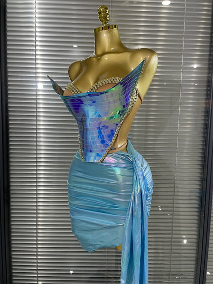 Blue Black Women Sexy Strapless Shinning Sequins 2 Pieces Bodycon Mini Dress Draped Celebrate Nightclub Party Bar Singer Wear