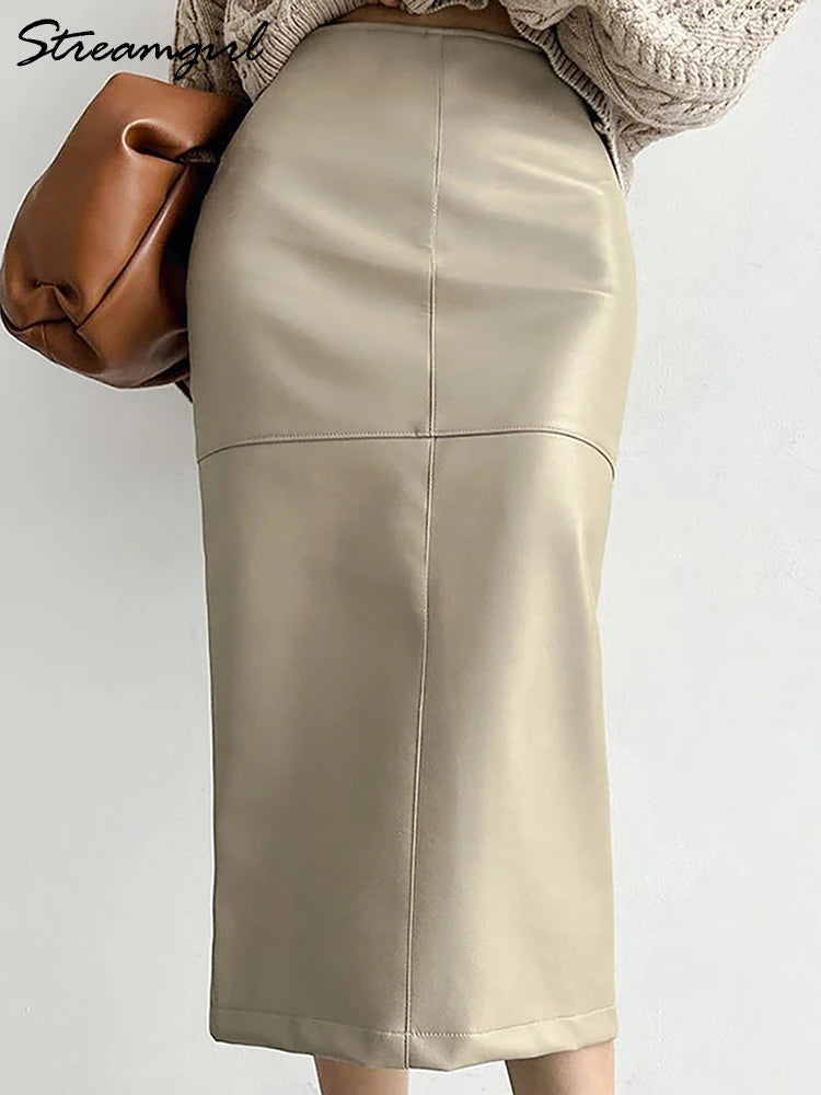 Beige Leather Skirts Midi Women Office Autumn Winter Straight PU Bodycon Skirts Ladies High Waist Slit Leather Skirts For Women