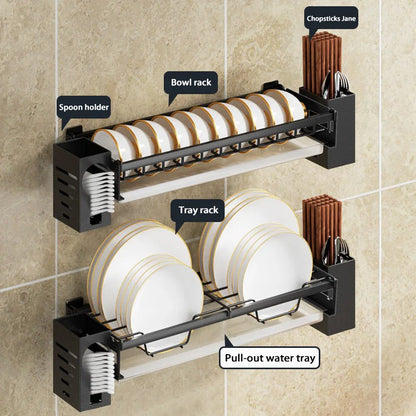 Dish Rack Wall Mounted Modern Kitchen Multifunctional Shelf Bowl Plate Drying Hanging Rack Chopsticks Fork Storage Shelves