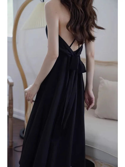 Elegant Black Backless V-Neck Slip Dress, Flowy Spaghetti Strap A-Line Sundress with Adjustable Straps, Summer Beach Party Dress
