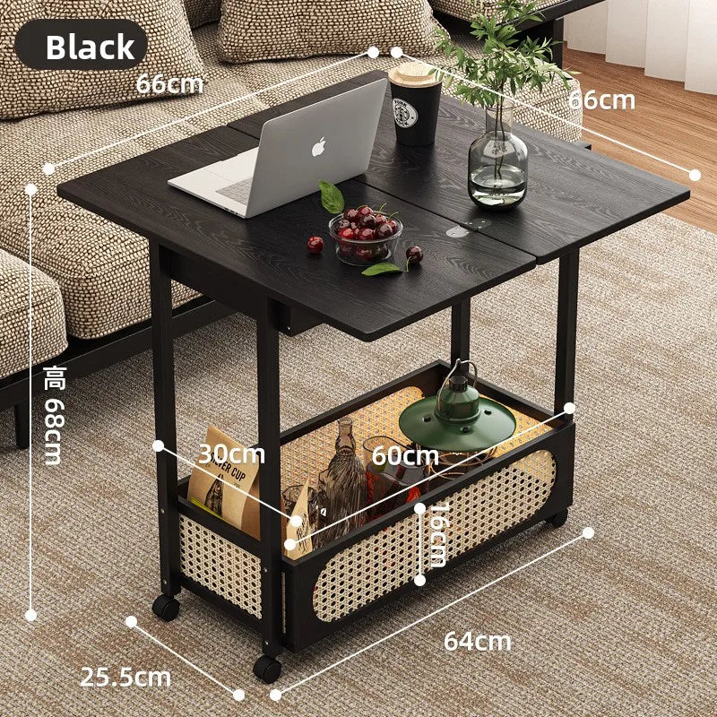 Wooden antique style coffee table, mobile coffee table, sofa side table, cart with pulley storage rack, rattan fence decoration