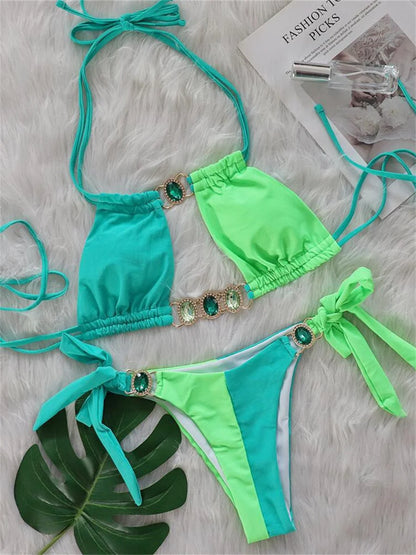 Luxury Rhinestones Splicing Bikini Set Women Halter Patchwork Cut Out Push Up Diamond Swimsuit 2024 Bathing Suit Thong Swimwear