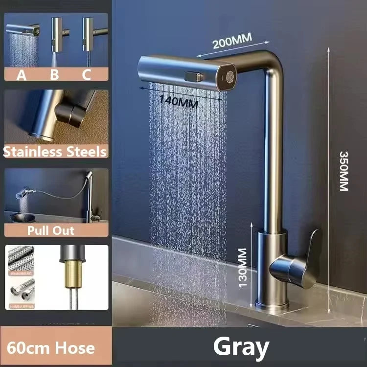 Grey/Silver Pull Out Kitchen Faucet, Flexible Hot and Cold Water Kitchen Sink Mixer Faucet Deck Mounted with Stream Shower Mode