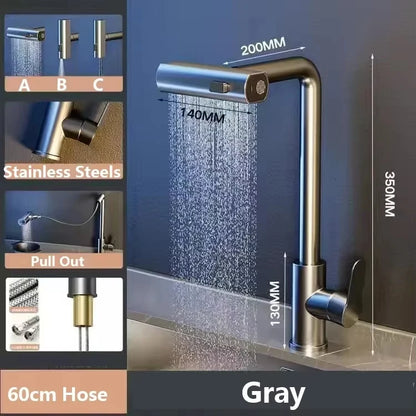 Grey/Silver Pull Out Kitchen Faucet, Flexible Hot and Cold Water Kitchen Sink Mixer Faucet Deck Mounted with Stream Shower Mode