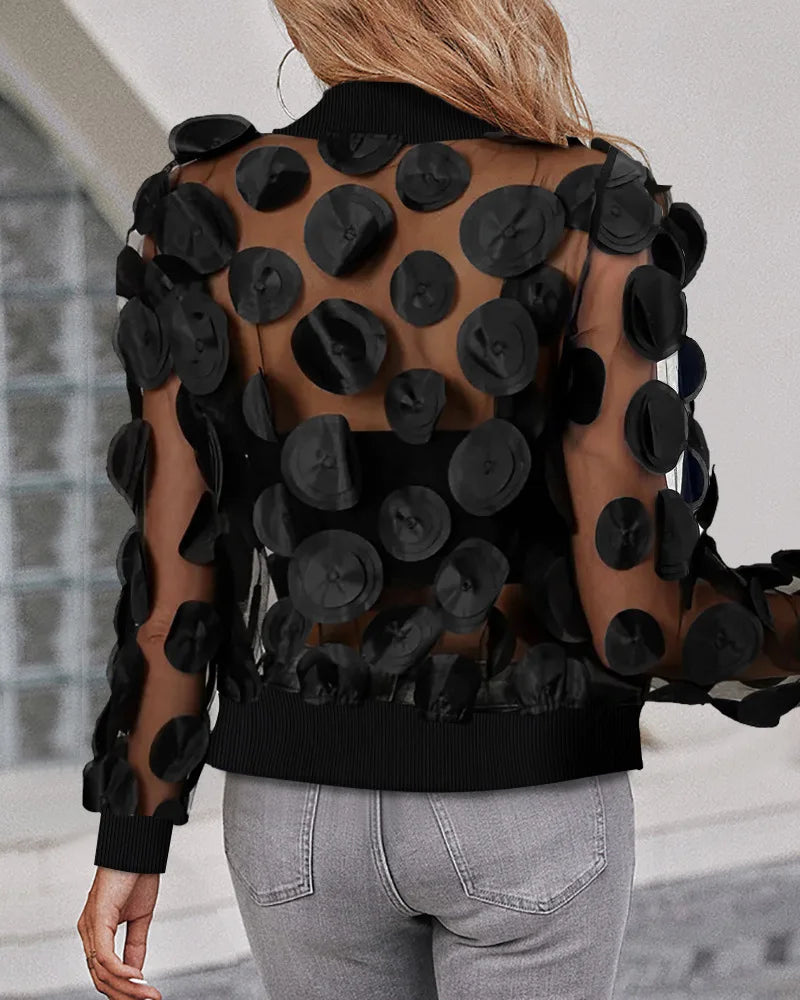 Cardigan Jacket Women New Autumn Latest 2025 Floral Pattern Sheer Mesh Baseball Collar Zip Up See Through Jacket Open Front Coat