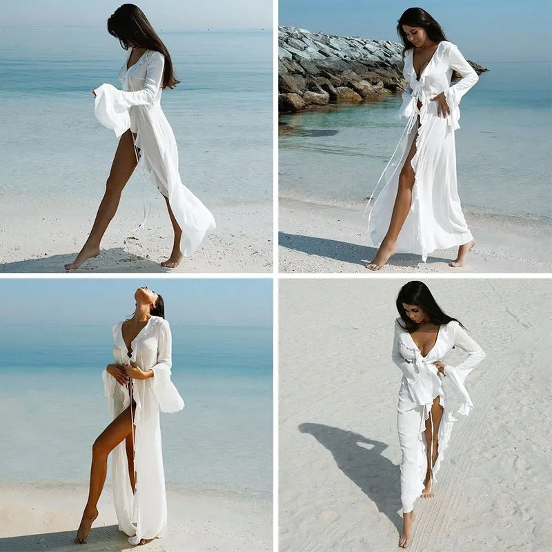V Neck Summer Beach Cover Up Ruffled Loose Bikini Sunscreen Smock Bathing Suit Long Sleeve Swimsuit Cover Up Dress for Women