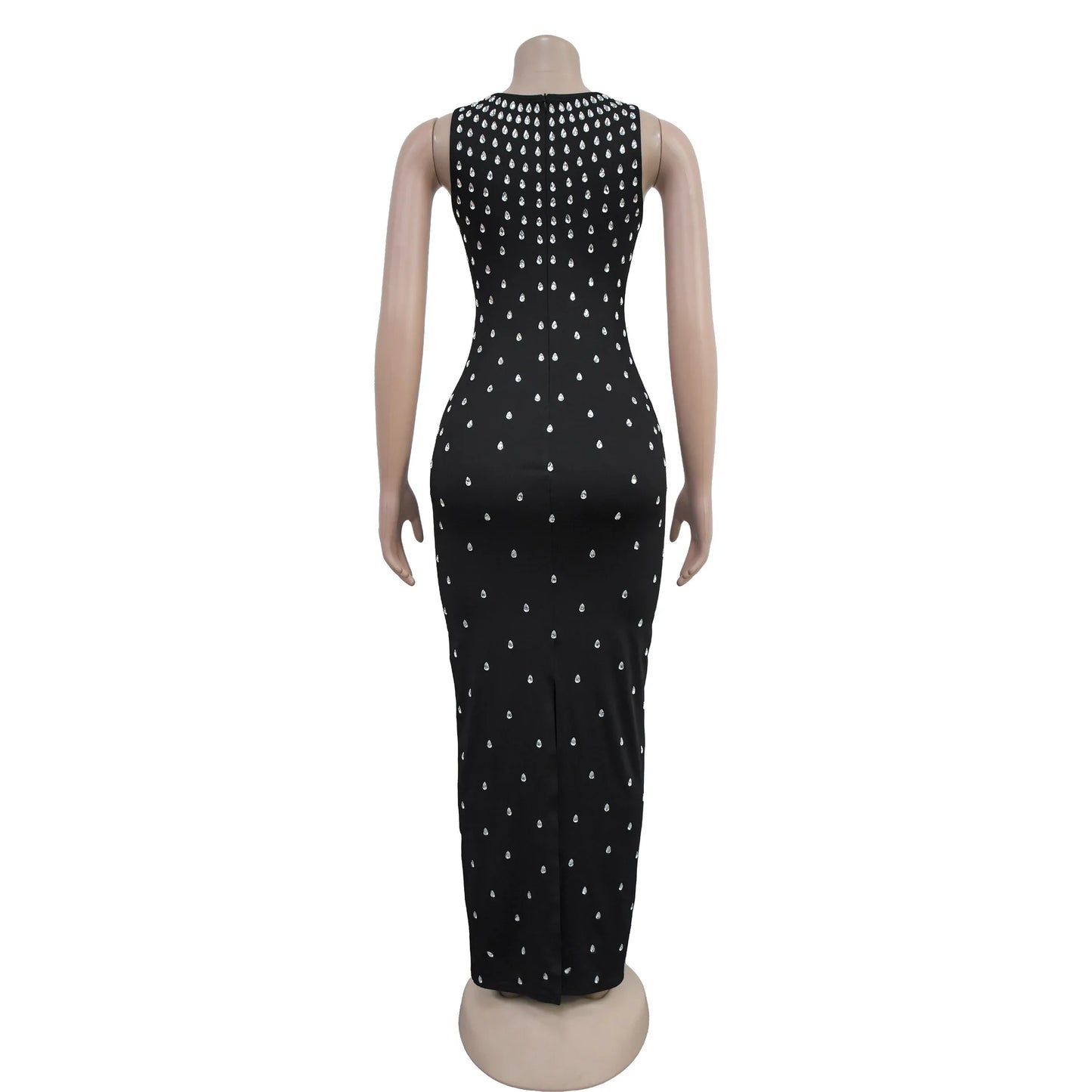 CM.YAYA Diamonds Hot Rhinestones Square Collar Women Sleeveless Bodycon Long Dress Birthday Party Evening Prom Maxi Dresses