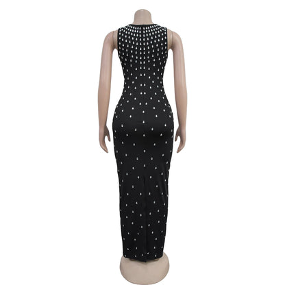 CM.YAYA Diamonds Hot Rhinestones Square Collar Women Sleeveless Bodycon Long Dress Birthday Party Evening Prom Maxi Dresses