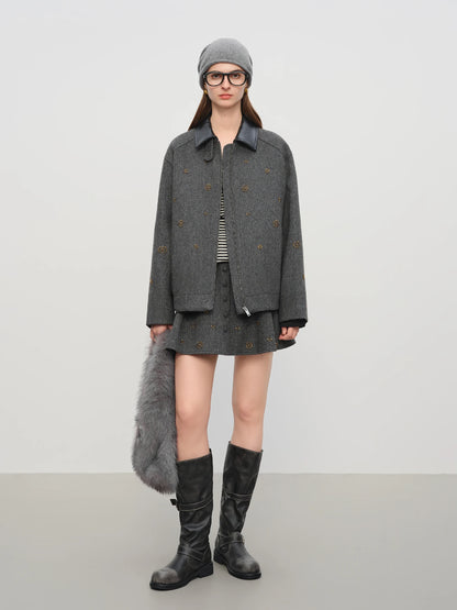 FSLE【Premium Series】Wool Embroidery Patchwork Tweed Coat Women 2025 Winter New Jacket Turn Down Collar Commuting Age-reducing