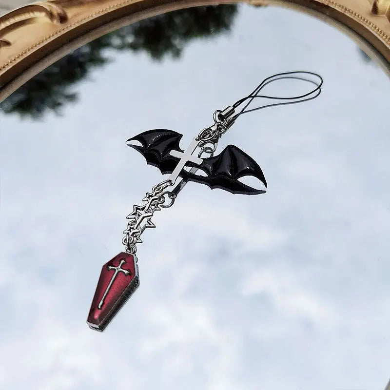 Black Punk Y2K Phone Pendant Chain Keychains Cool Girl Beaded Charm with Cross Coffin Grave for Phone Camera Bag Pendant