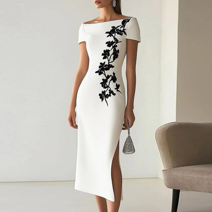 Women's Summer Dress Sexy Slash Neck Short Sleeve Hollow Slim Evening Dresses Spring Elegant Floral Print Split Boho Long Dress