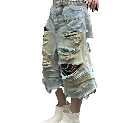 Y2K Fashion New Holes Do Old Washed Baggy Denim Shorts Female Gothic Harajuku Popular Casual Joker High Waist Wide Leg Pants