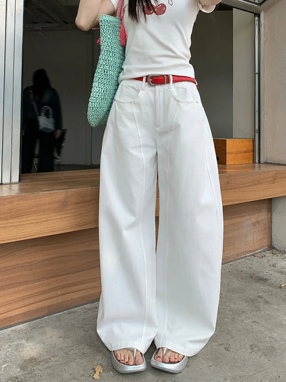 White High Waist Wide Leg Pants Women Summer Loose Casual Trousers Slimming Knife  Floor Length Pants Commute Sle