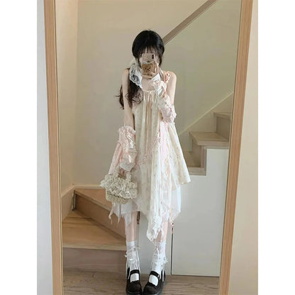 Y2K Irregular Midi Dress Women Japanese Kawaii Floral Print Print Dresses Summer Harajuku Korean Ruffles Patchwork Chic Vestidos