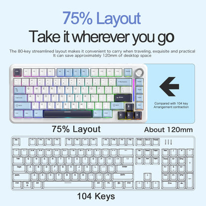 75% Hot Swap Gaming Keyboard Wireless FREEWOL F75 RGB Mechanical Keyboard with Metal Knobs AULA F75 Same Model,Tri-Mode,4000 mAh