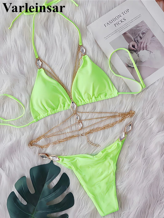 Diamond Rhinestones Halter Metal Ring Bikini Female Swimsuit Women Swimwear Two-pieces Bikini set Bather Bathing Suit Swim V5898