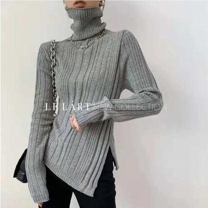 Turtleneck Women Sweater 2021 Autumn Winter New Side Slit Pullover Tops Korean Fashion Knit Sweaters Long Flare Sleeve Basic