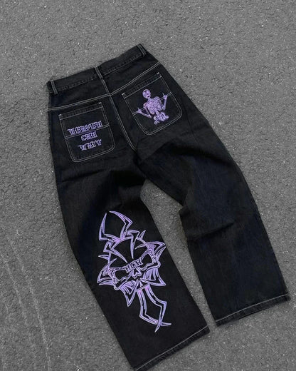 American Fashion Trend Joker Pattern Embroidered Loose Jeans Women Street Y2K New Hip Hop Oversized Wide-leg Pants Unisex Jeans