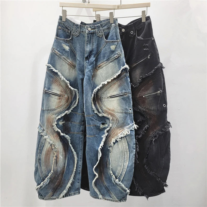 DEAT 2025 Autumn New Fashion Patchwork Burrs Cargo Denim Pants For Women High Waist Loose Wide-leg Jeans Female Trendy 11A06257