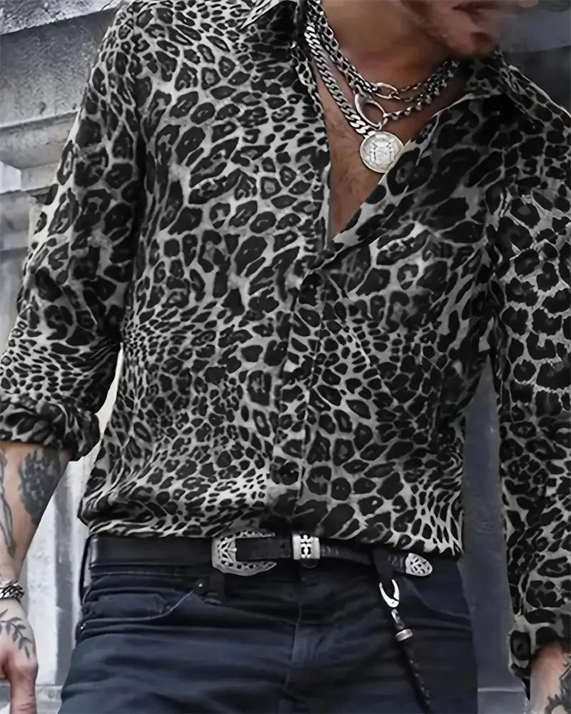 2024 Fashion Leopard Print Men's Long Sleeve Shirt Fashion Casual Button Lapel Tops Men's Spring  Autumn Top Men's Shirt