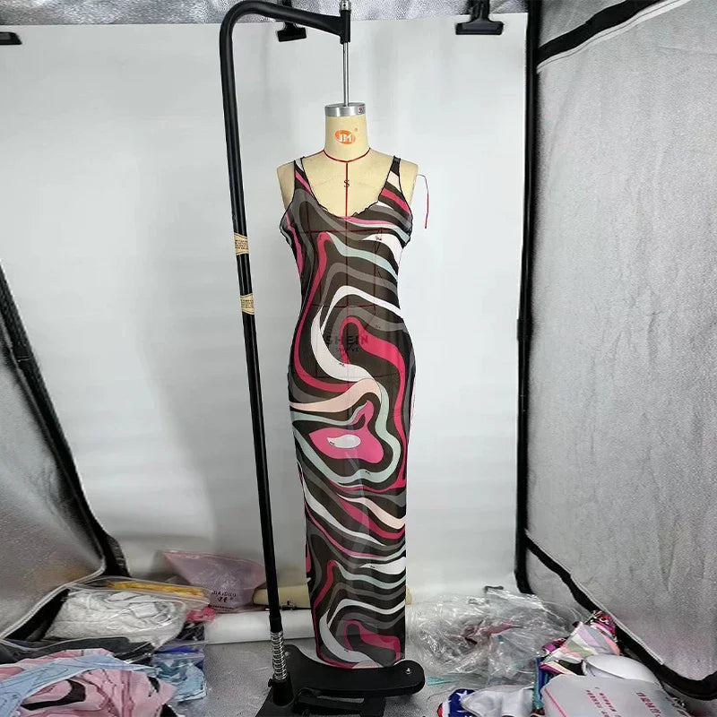 Fashion Mesh Print Long Dress For Women O-neck Sleeveless Hip Package Transparent Slim Robes 2025 Summer Female Beach Dresses