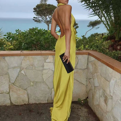 New Sexy Women's Halter Backless Evening Dress Elegant Satin Pleated Slim Fit Long Dress Casual Sleeveless Hollow Summer Dresses
