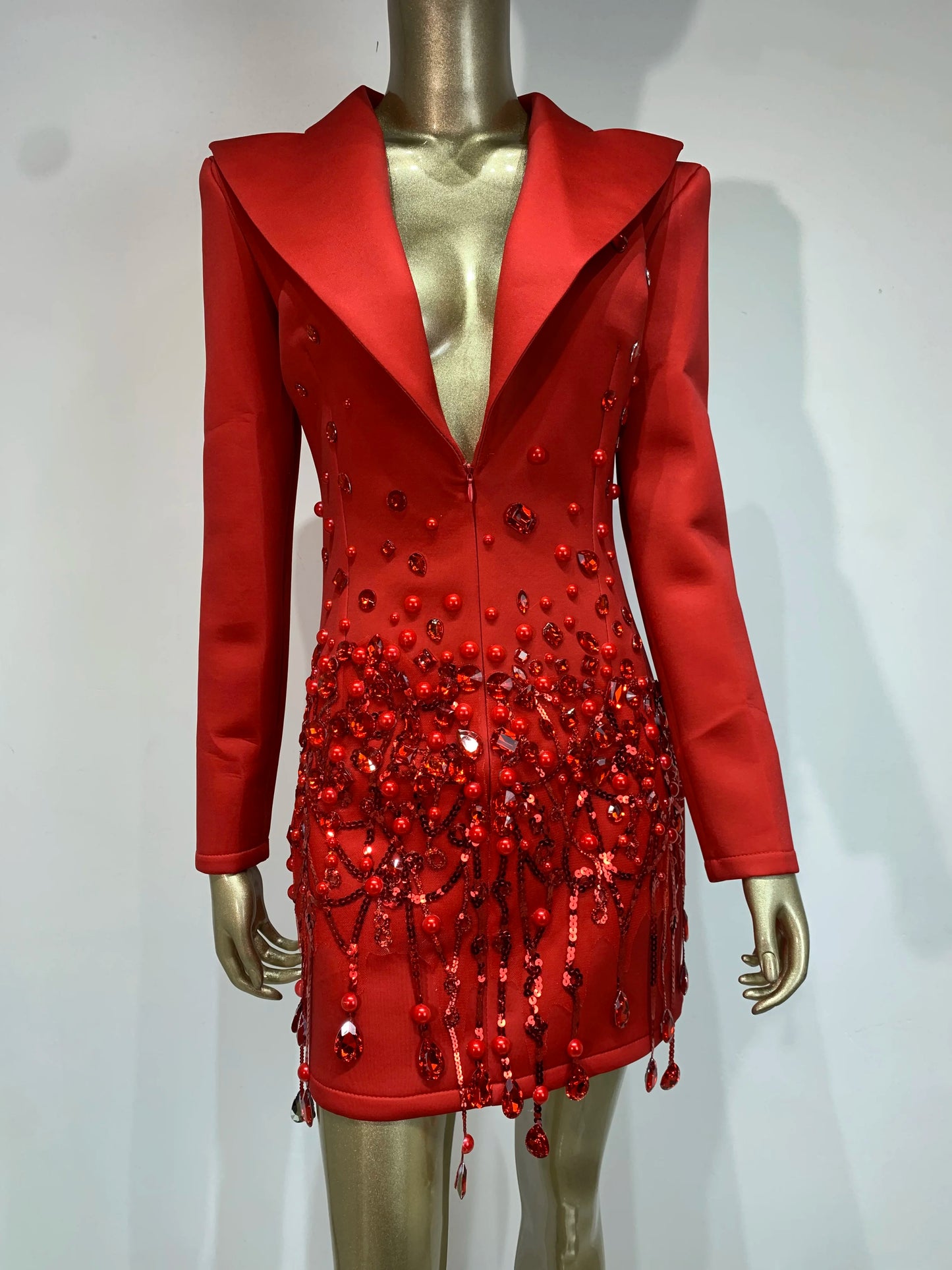 Sparkly Crystal Pearls Long sleeves Mini Dress Red Fashion Luxury Birthday Evening Party Nightclub Outfit Singer Stage Costume ﻿