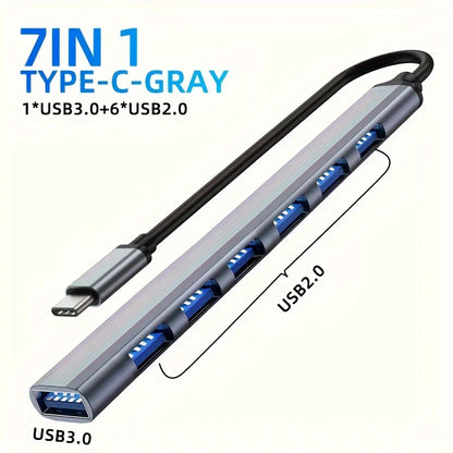 USB C Hub USB Hub 3.0, Aluminum 7 in 1 USB Extender, USB Splitter with USB 3.0, 4 X USB 2.0 and 2 USB C Ports USB Distributor