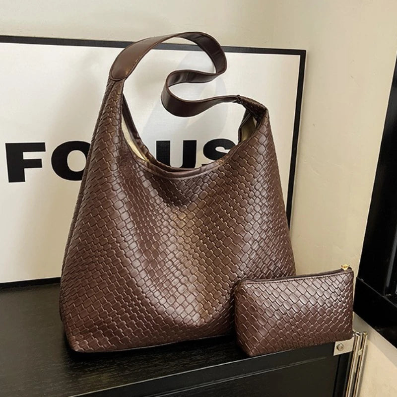Women's Retro Artificial Leather Woven Pattern Shoulder Bag,Large Capacity Tote Bag,Casual Armpit Bag, Large Tote Bag,Daily Work